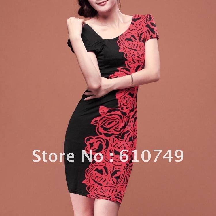 Free shipping 2012 New arrival Black and white rose print dress/ big yards Slim thin dress