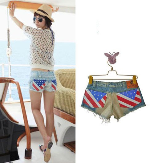 Free Shipping 2012 new arrival  fashion white US flag frayed carve-off shorts denim women shorts