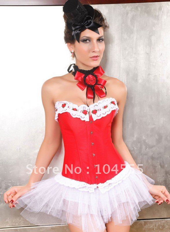 Free Shipping,2012 NEW Arrival Gathered Lace Frills Overbust Corset red women's slim corset Wholesale and retail