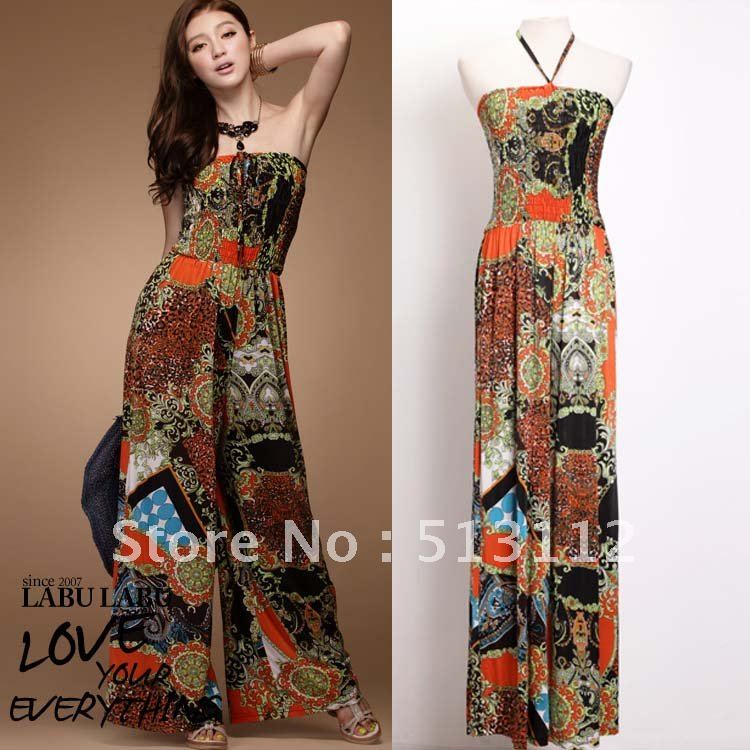 Free Shipping 2012 New Arrival Off Shoulder Halter Jumpsuit Fashion Totem Printed Long Pants KZ0001