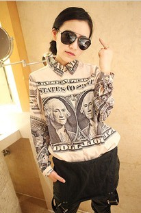 Free Shipping 2012 new arrival personality pattern shirt Dollars Printed Ladies' t-shirt High Quality Ladies' Blouse121012#15