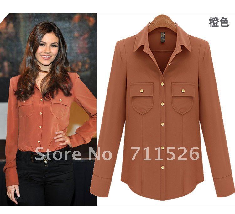 FREE shipping 2012 new arrival women long sleeve shirt fashion casual dress women blouse chiffon shirt  color:white,orange S-XL