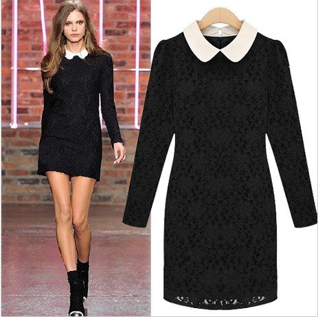 Free shipping 2012 new autumn fashion women vintage casual dress peter pan collar lace slim long-sleeve dress black J05