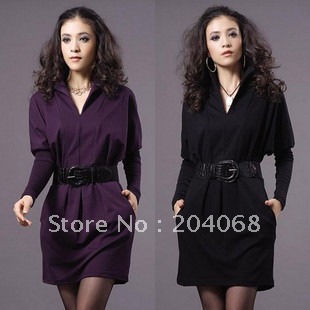 Free Shipping  2012 New autumn women's fashion OL slim elegant long-sleeve dress with free belt, Black & Purple color  Plus Size