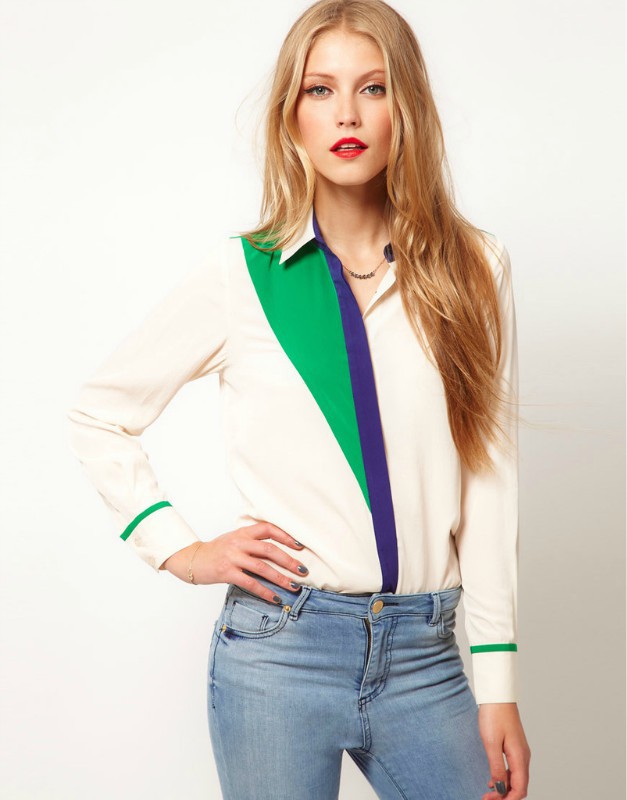 Free Shipping 2012 new CHIC Lapel PATCHWORK LONG SLEEVE CHIFFON SHIRT women blouse patchwork