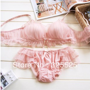 [ Free Shipping ] 2012 new chiffon lace sexy push up tube top underwear 3/4cup Three Hook-and-eye  bra set pink black