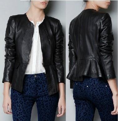 Free shipping 2012 New designer  Back Ruffles  splicing Slim Leather  jacket  XS-XXL