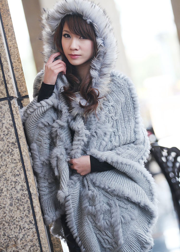 Free Shipping 2012 New Factory Sale Genuine Rabbit Fur knitted Poncho with Raccoon Dog Fur Collar Hoodie Poncho