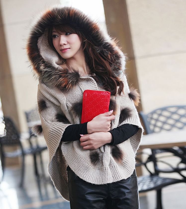 Free Shipping 2012 New Factory Sale Genuine  Raccoon Dog Fur Hoodie Poncho Knitwear