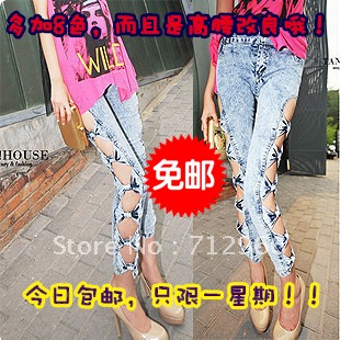 Free shipping 2012 new fanshion  Woman Side Bow Cutout Ripped Denim Sexy Jeans Jeggings Trousers Wholesale Classical  8 colors