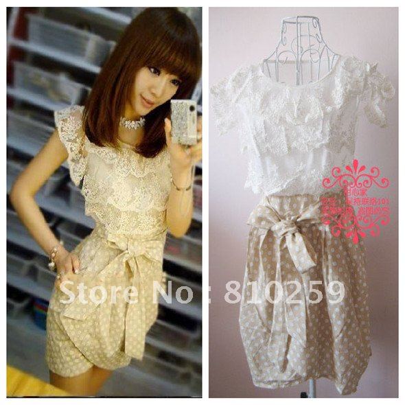 Free Shipping 2012 New Fashion Designer Korean Style Lady Womens White Lace Polka Dot Slim Dress Summer Cotton Dresses+Belt 007