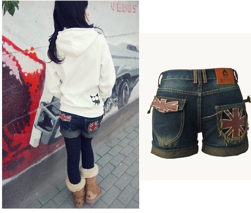 Free Shipping 2012 New Fashion Vintage Shorts Women UK Flag Jeans Shorts Denim Short Pants