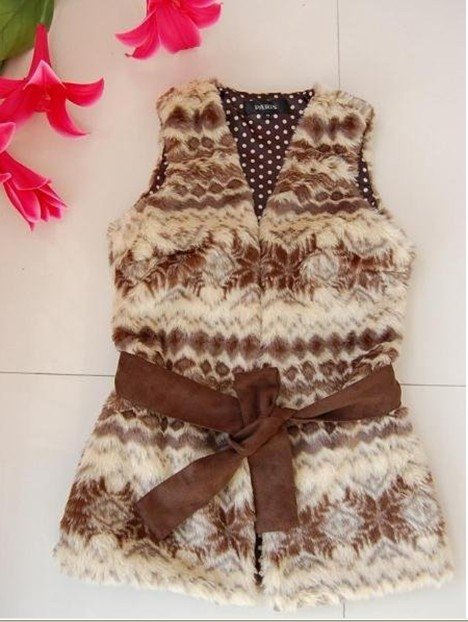 Free shipping 2012 new fashion winter Female Snow pattern with belt Faux Fur Waistcoat vest #C0026