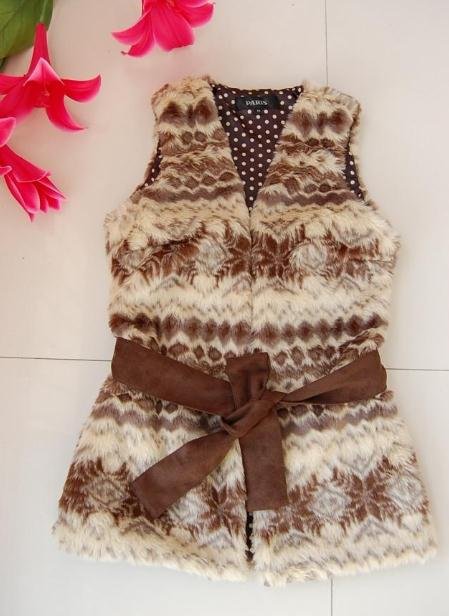 Free shipping 2012 new fashion winter Female Snow pattern with belt Faux Fur Waistcoat vest#C0026