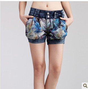 Free Shipping 2012 New Fashion Women Jeans Shorts Chiffon Patchwork Shorts Plus Size Casual Slim Denim Short Pants