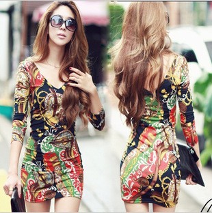 free shipping 2012 new fashion women's double V-neck sexy cotton dress, flowers print casual dress, dresses