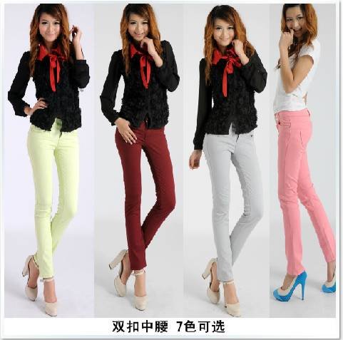 free shipping 2012, new fashion women's in the waist double buckle candy color pencils pants, woman jeans JEAN 01