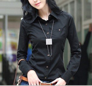 Free Shipping,2012 New Fashion Women's Long Sleeve Cotton Blouse,Black/White/Pink