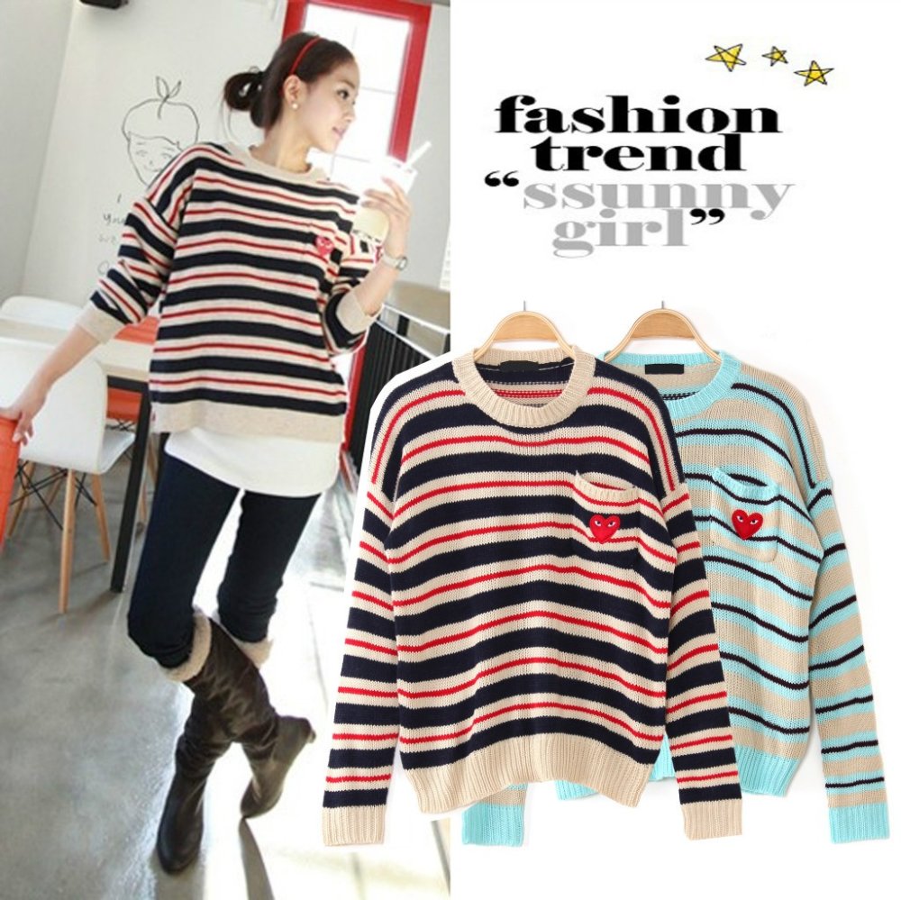 free shipping 2012 new fashion women's sweet pockets batwing long sleeve stripe pullovers sweater Model 1583