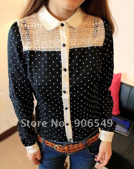 Free shipping 2012 new fashionable long sleeve OL women blouses chiffon polka dots women shirts shoulder hollow out tops