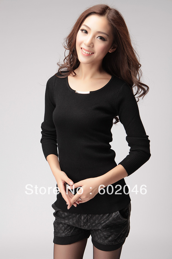 Free shipping 2012 New Female Fashion Blouse Top Leisure long-sleeved Crewneck Sweater Knitting Beautiful Korean Bottoming Shirt