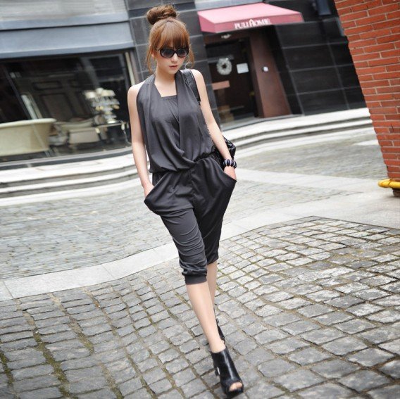 Free shipping/2012 new/High-quality goods/low back / 7 points conjoined twins trousers/blue gray/dress/Jumpsuits/RG1205001