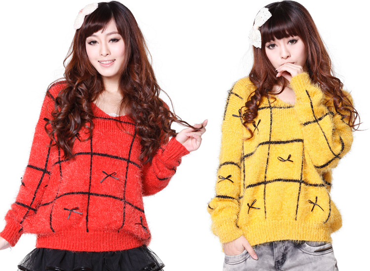 Free Shipping 2012 New Korean Women Sweater batwing sleeve V-neck small bow sweater Loose Pullover Sweater 4 Colors 120927#7