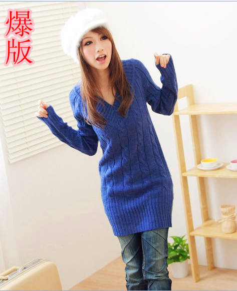 Free Shipping 2012 New Ladies Sweater Sexy V-neck twisted medium-long sweater(Black+Blue+White+Green+Beige+Gray+Pink)120926#9