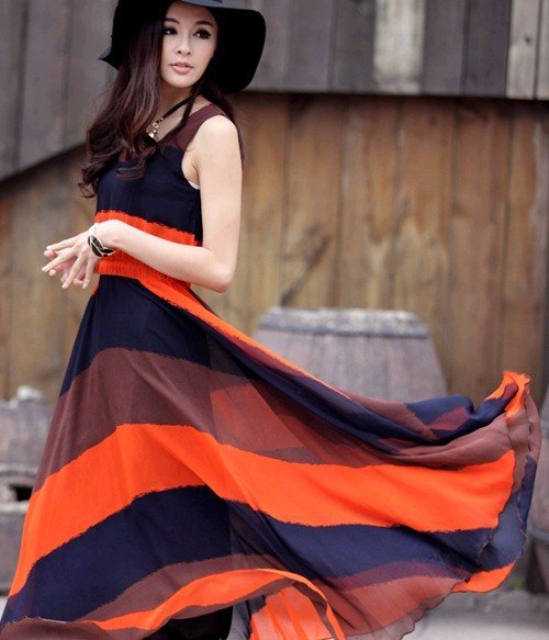 Free shipping/2012 New/Long skirt/Chiffon/Bohemian/orange+blue/stripe/Dress/Fashion/elegant/RG1207030