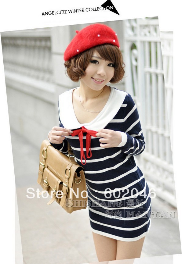 FREE SHIPPING 2012 NEW LONG SLEEVE SWEATER STRIPE COLLEGE WIND KNITTING SWEATER FASHION FEMALE PARAGRAPH SWEATER