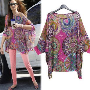 Free shipping 2012 New Retro print irregular loose long chiffon blouse for women Wholesale & Retail