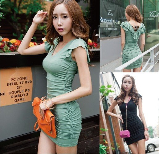 Free shipping  2012 NEW sexy nightclub bind  Lotus leaf sleeve dress Patchwork 2color RG1208067