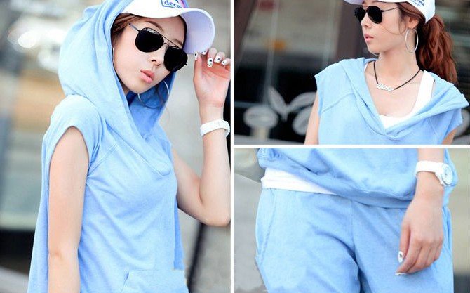 Free Shipping 2012 new spring autumn fashion women's deep V collar hooded short sleeve seven casual pants sports suit wholesale