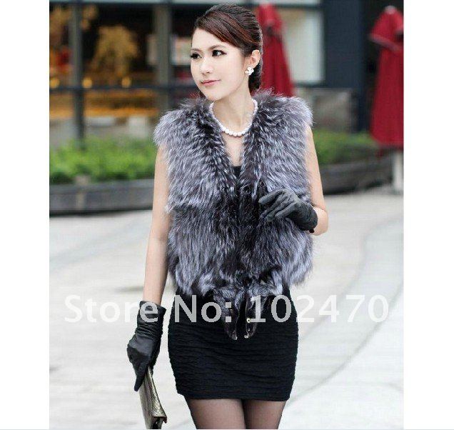 Free shipping 2012 New Style Fahion Lady Genuine Silver Fox Fur Vest Winter Ladies' Fitted Sexy Gilet S,M,L Plus Size OEM