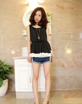 free shipping 2012 new style Stylish Vogue Round Neck Elastic Waist Pleated Chiffon Vest Black TQ12091404