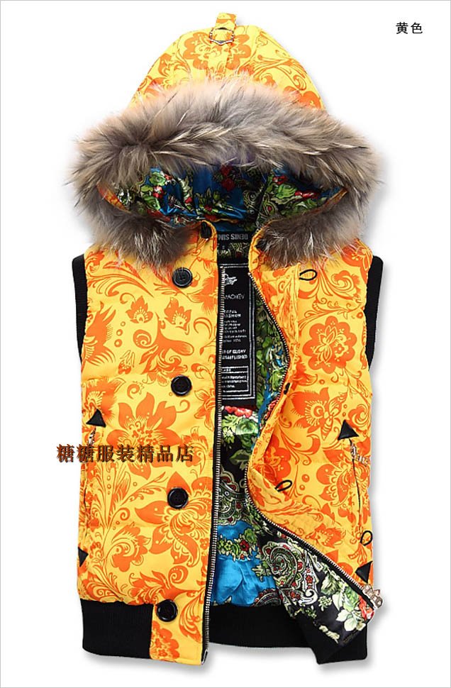 free shipping 2012 new style women's With cap Real fur collar Couple feather vest whloesale&retail