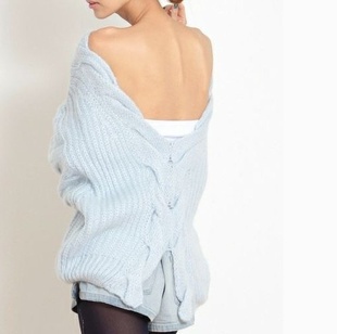 free shipping  2012 new winter sweet little sex appeal after deep v-neck temperament long sleeve hook flower sweater