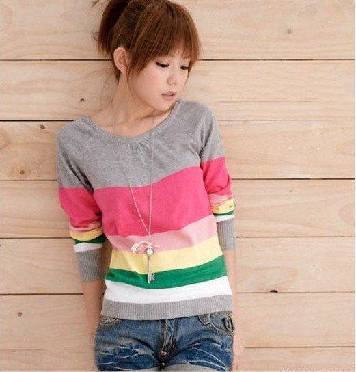 Free Shipping 2012 New Women Knitwear Cardigan Fashion O-Neck Knitted Sweater Pullover Long Sleeve Stripe Sweaters Free shipping