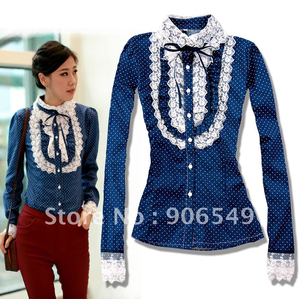 Free shipping 2012 new women long sleeve pur cotton blouses lady's polka dots tops lace neck shirts M-XL