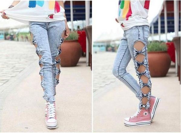 Free Shipping! 2012 New! Women Pierced Cutout bow slim hip tight skinny jeans