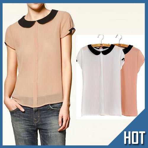 Free Shipping 2012 New women's blouse Retro doll Chiffon short-sleeved shirt lady's shirt 2 colors  size S/M/L12-21