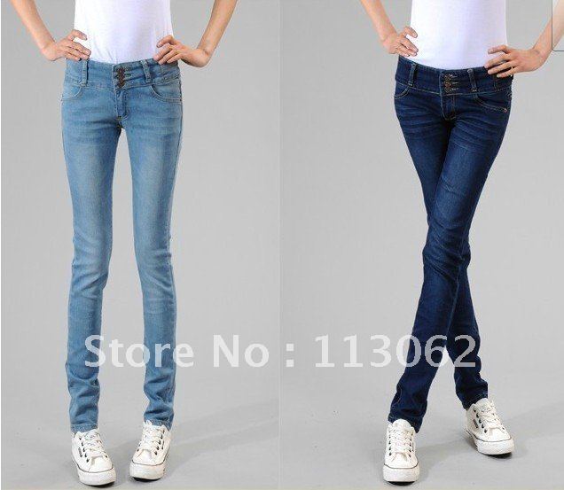 free shipping 2012 new women's denim jeans 2colors high waist breasted skinny pencil jeans