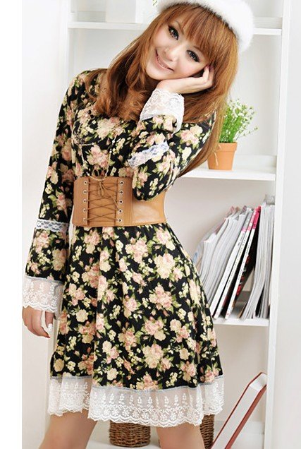 Free shipping 2012 New Womens Dress Fashion Korea Lady Floral Lace Long Sleeve Dress P5121