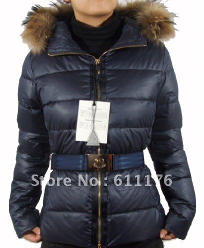 Free Shipping 2012 Newest Brand Women's Winter Down Jackets,100% Goose With Natural Fur Belt Design Feather Coat 4 Colors XS-XL