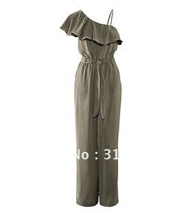 Free Shipping 2012 Newest Leisure style beautiful Jumpsuits  Oblique dew shoulder  & High waist  Design