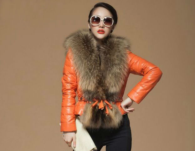 free shipping~2012 newest noble ladies' Fashion 100% genuine leather down coat with  raccoon fur collar ,ladies outerwear 12F18