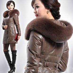 free shipping~2012 newest noble ladies' Fashion 100% genuine leather down coat with True fox fur collar ,ladies outerwear M-5XL