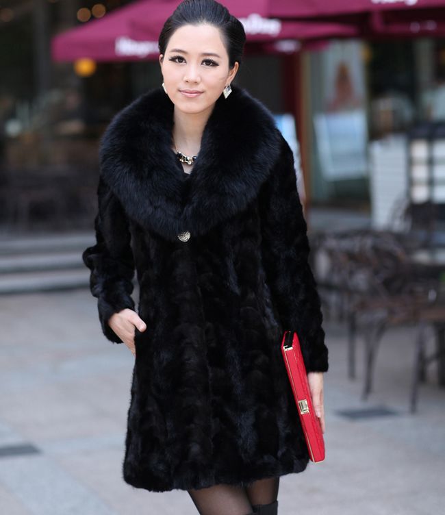 free shipping~2012 newest noble ladies' Fashion mink fur coat with True fox fur collar,ladies outerwear black M-5XL 12F33