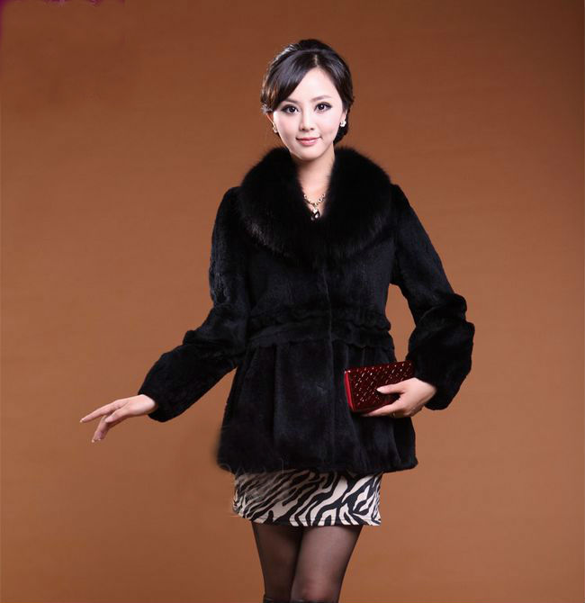 free shipping~2012 newest noble ladies' Fashion rabbit  fur coat with True fox fur collar,ladies outerwear black M-3XL 12F42