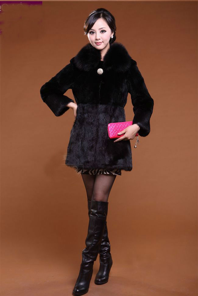 free shipping~2012 newest noble ladies' Fashion rabbit  fur coat with True fox fur collar,ladies outerwear black M-3XL 12F7